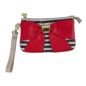 Betsey Johnson Bow-Nanza Wristlet Red Bow Gold Accents Blue Striped